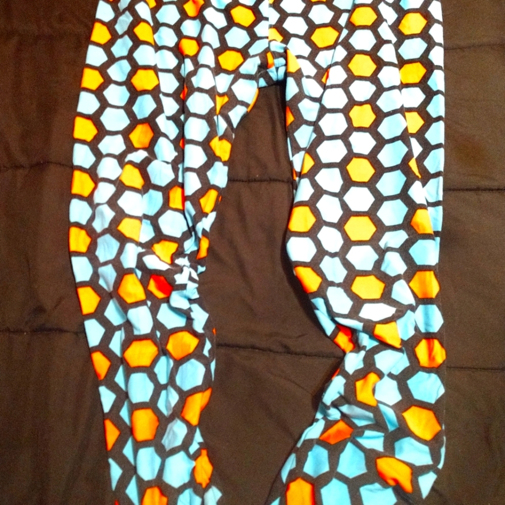 LuLaRoe TC2 blue and orange geometric patterns leggings